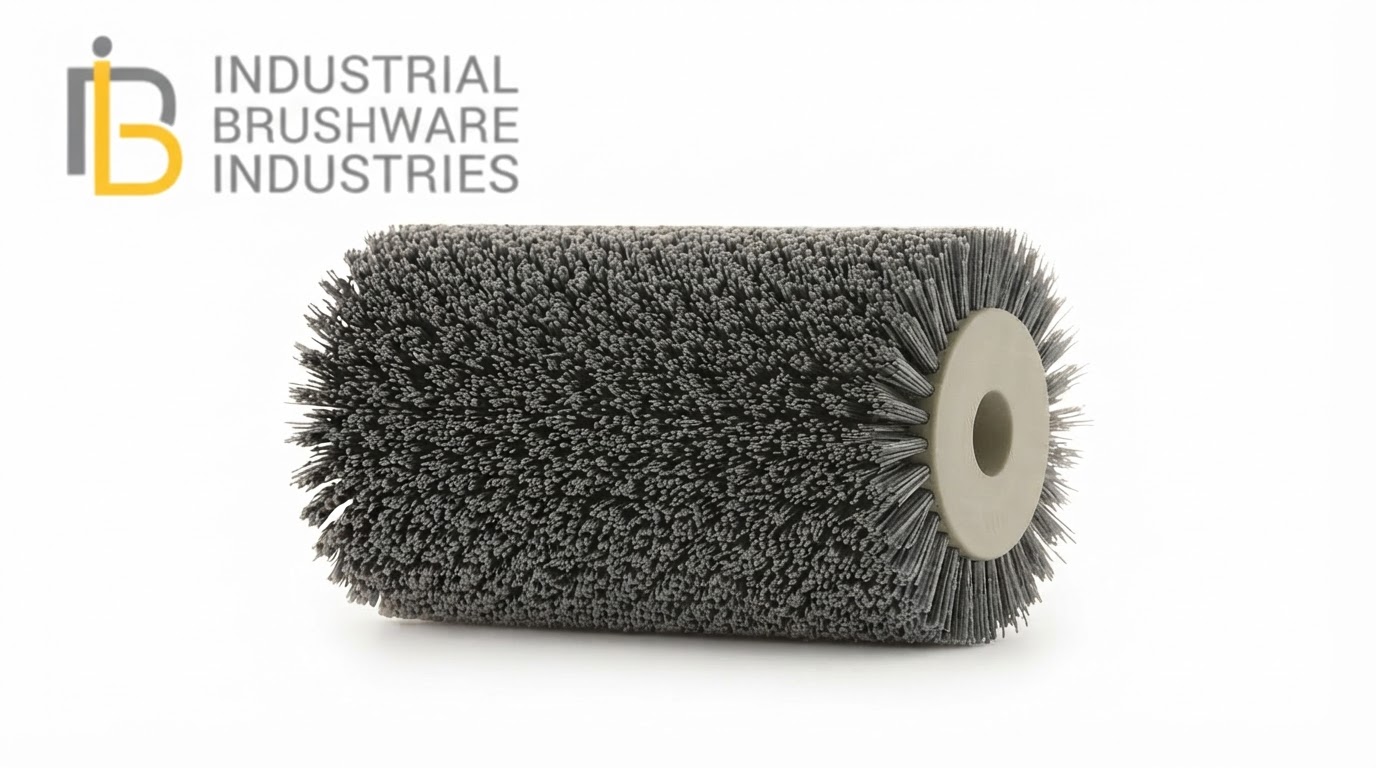 Gray plastic industrial scrub brush with black crimped bristles and brass