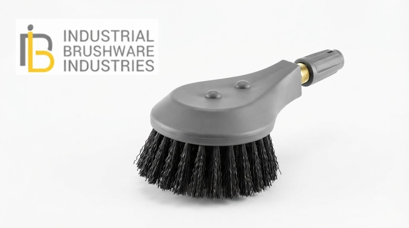 Grey industrial scrub brush attachment featuring crimped black wire bristles and brass threaded fitting.