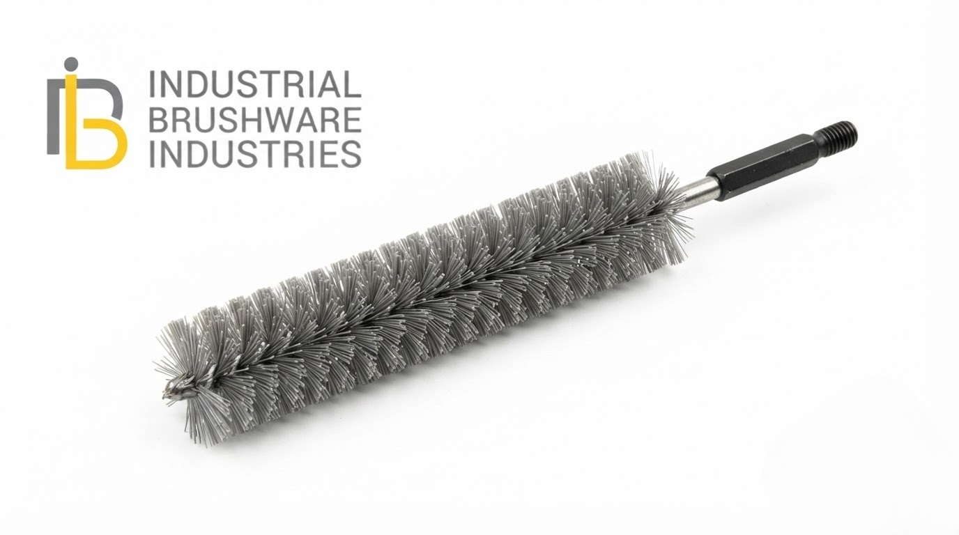 Grey industrial scrub brush attachment featuring crimped black wire bristles and brass threaded fitting.